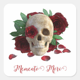 Pegatina Cuadrada Memento Mori. Cráneo con rosas rojas