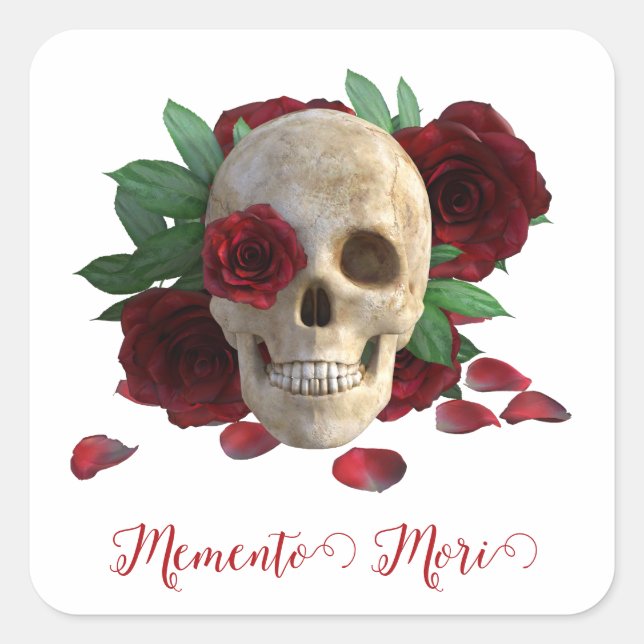 Pegatina Cuadrada Memento Mori. Cráneo con rosas rojas (Anverso)