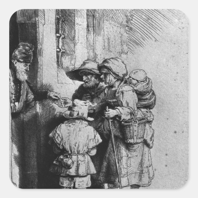Pegatina Cuadrada Mendigos en la puerta de una casa, 1648 (Anverso)