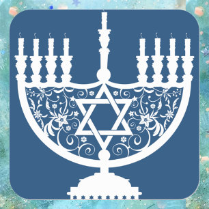 Pegatina Cuadrada Menorá elegante de Hanukkah con Estrella de David