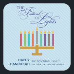 Pegatina Cuadrada Menorah azul claro colorido Hanukkah<br><div class="desc">Aquí hay una divertida imagen gráfica de un pegatina de Hanukkah. Una colorida menorah resalta un panel de rayas azul pálido con un ornamentado "Festival de las Luces" en un tratamiento tipográfico arriba. Un mensaje personalizado especial se encuentra debajo. Ideal como sellos para sobres o para quedarse en paquetes vacacionales...</div>