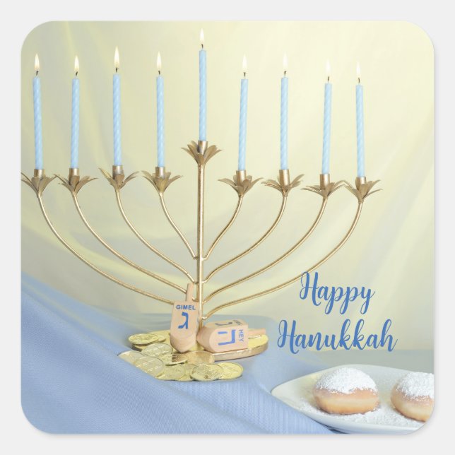 Pegatina Cuadrada Menorah de oro, monedas y sueños feliz Hanukkah (Anverso)