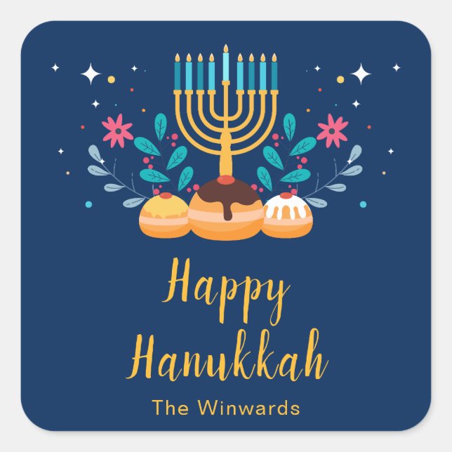 Pegatina Cuadrada Menorah Hanukkah Party Sticker (Anverso)