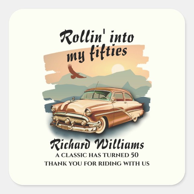 Pegatina Cuadrada Men's classic car desert sunset 50th Birthday (Anverso)