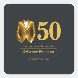 Pegatina Cuadrada Men's Elegant Tuxedo Gold Black 50th Birthday