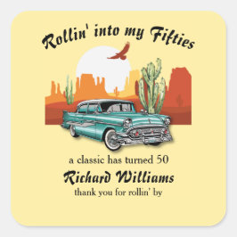 Pegatina Cuadrada Men's Retro Classic Blue Car Desert 50th Birthday