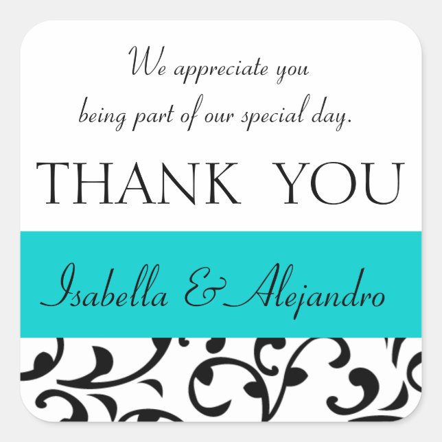 Pegatina Cuadrada Mensaje de agradecimiento de la verde azulada boda (Anverso)