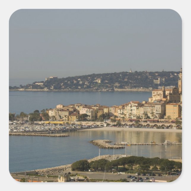 Pegatina Cuadrada Menton, Costa Azul, Francia. (Anverso)