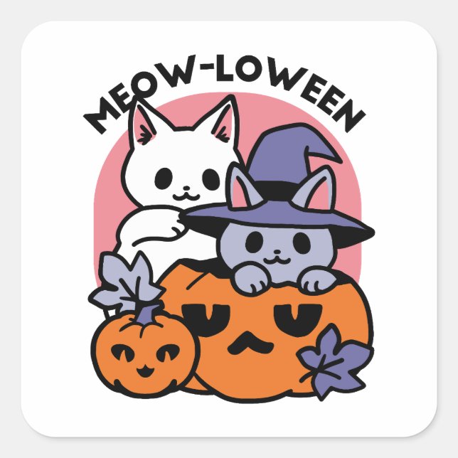 Pegatina Cuadrada Meow-Loween - Diseño de felinos Halloween (Anverso)