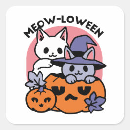 Pegatina Cuadrada Meow-Loween - Diseño de felinos Halloween