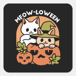 Pegatina Cuadrada Meow-Loween - Diseño festivo de gatos de Halloween