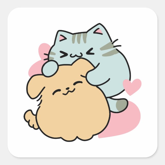 Pegatina Cuadrada Meow & Woof Perfect Together: Gato y perro delicio (Anverso)