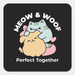 Pegatina Cuadrada Meow & Woof Perfect Together: Gato y perro delicio