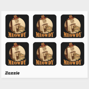 Pegatina Cuadrada Meowdy Texan Cat Cowboy Sheriff Personalizado