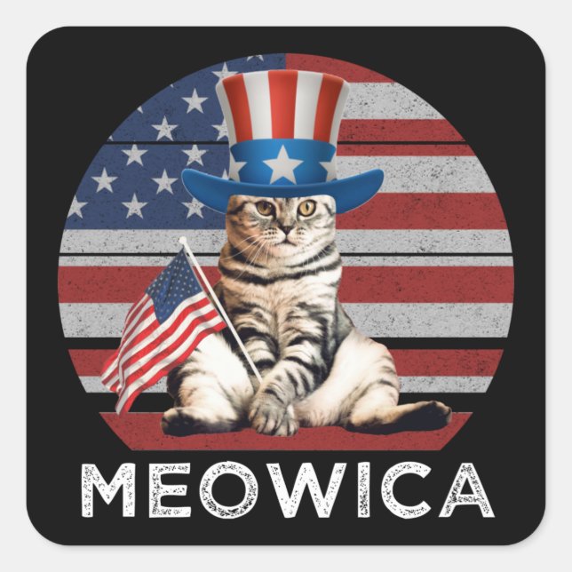 Pegatina Cuadrada Meowica 4 De Julio Gato Patriótico Estadounidense (Anverso)