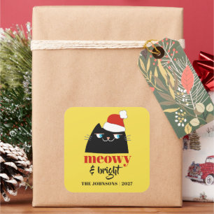 Pegatina Cuadrada Meowy & Bright divertida Navidad familiar de gatos