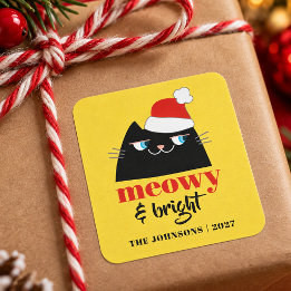 Pegatina Cuadrada Meowy & Bright divertida Navidad familiar de gatos