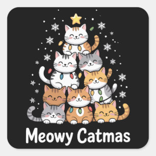 Pegatina Cuadrada Meowy Catmas Cat Árbol de Navidad Navidad Navidad 