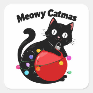 Pegatina Cuadrada Meowy Catmas - Gato con adorno de Navidad