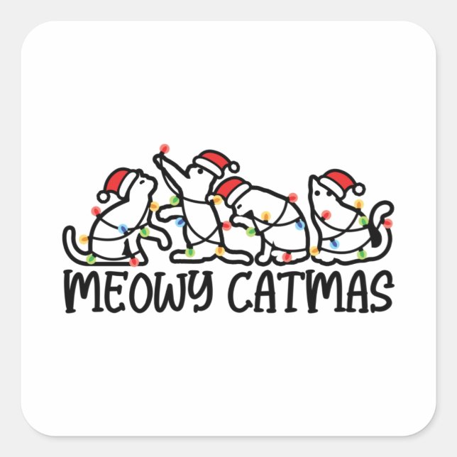 Pegatina Cuadrada Meowy Catmas Graciosa Temporada de Navidad en Sant (Anverso)