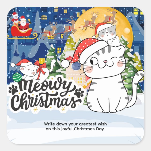 Pegatina Cuadrada Meowy Christmas (Anverso)