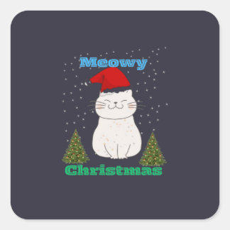 Pegatina Cuadrada Meowy Christmas Cute Cat Design | Funny Holiday Ca