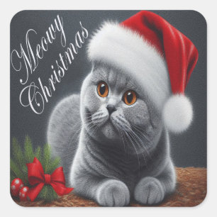 Pegatina Cuadrada Meowy Navidades British Shorthair Santa Cat