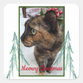 Pegatina Cuadrada Meowy Navidades Cat Foto Evergreen Fractal Bough