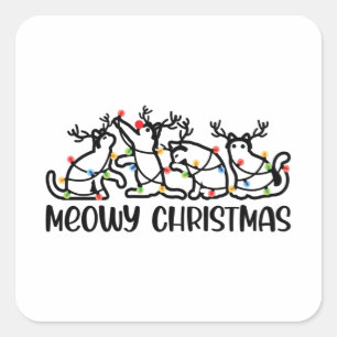 Pegatina Cuadrada Meowy Navidades, un reno dulce, luces navideñas