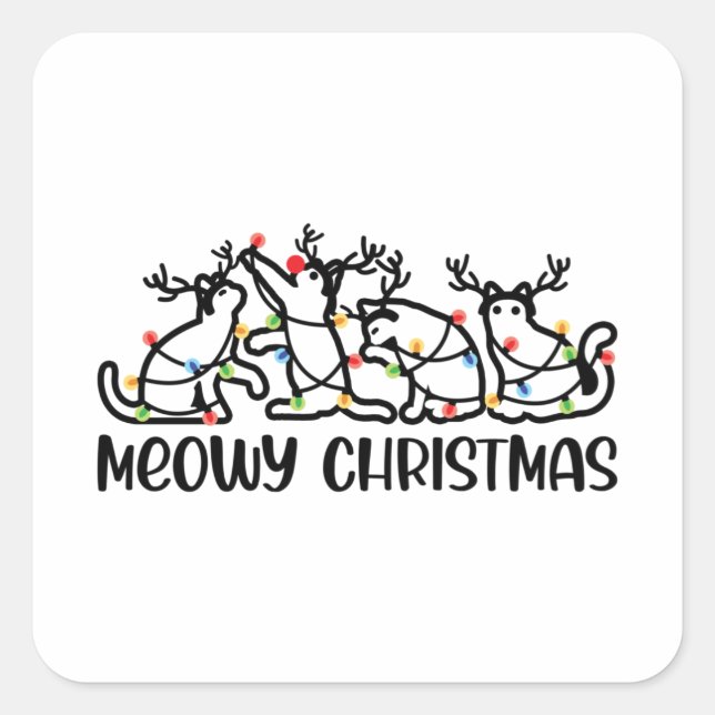 Pegatina Cuadrada Meowy Navidades, un reno dulce, luces navideñas (Anverso)