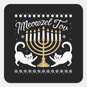 Pegatina Cuadrada Meowzel Tov Funny Chanukah Hanukkah Suéter feo