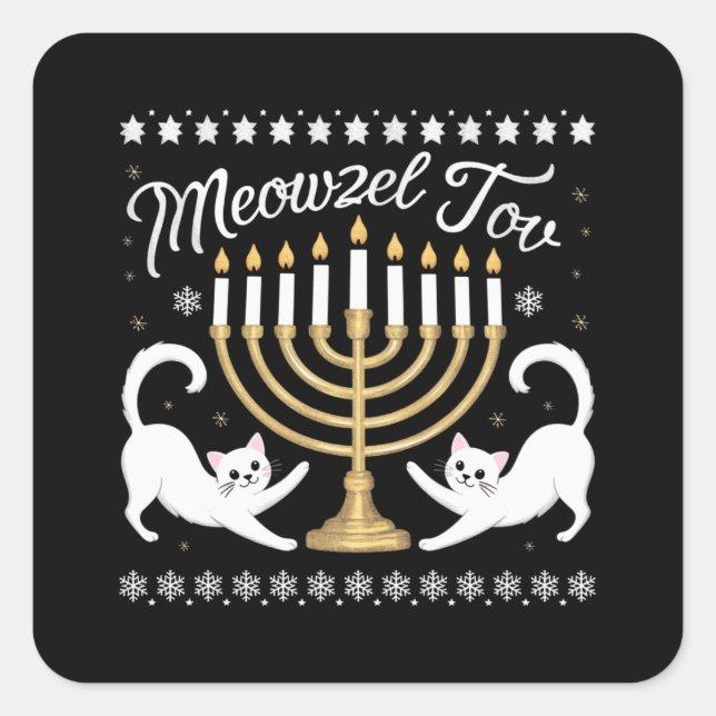 Pegatina Cuadrada Meowzel Tov Funny Chanukah Hanukkah Suéter feo (Anverso)