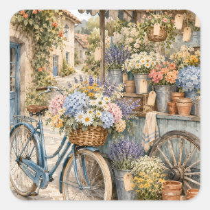 Pegatina Cuadrada Mercado de Flores Bloomcore en Bicicleta