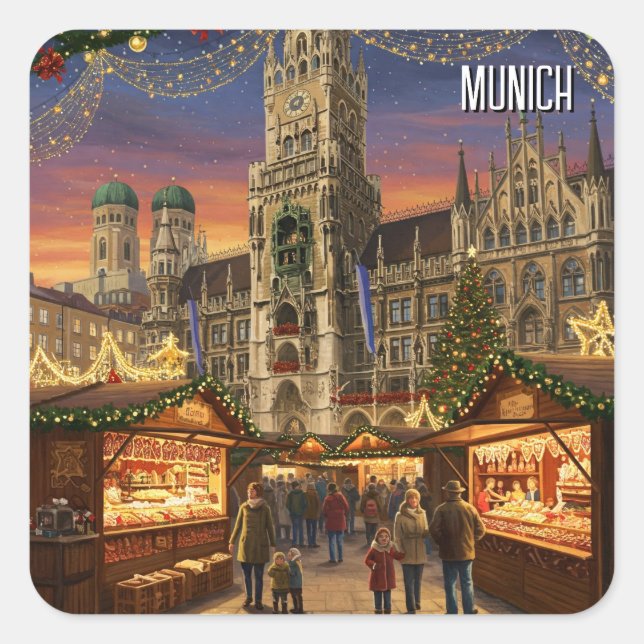 Pegatina Cuadrada Mercado de Navidades de Alemania Munich Marienplat (Anverso)