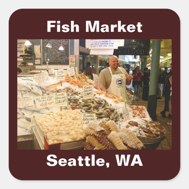 Pegatina Cuadrada Mercado de pescado Seattle Washington (Anverso)