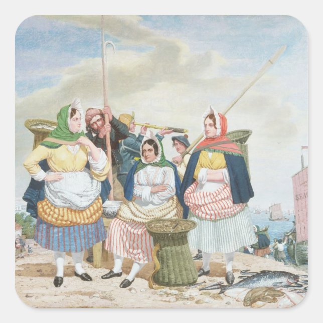 Pegatina Cuadrada Mercado del pescado en el mar, c.1860 (aceite sobr (Anverso)