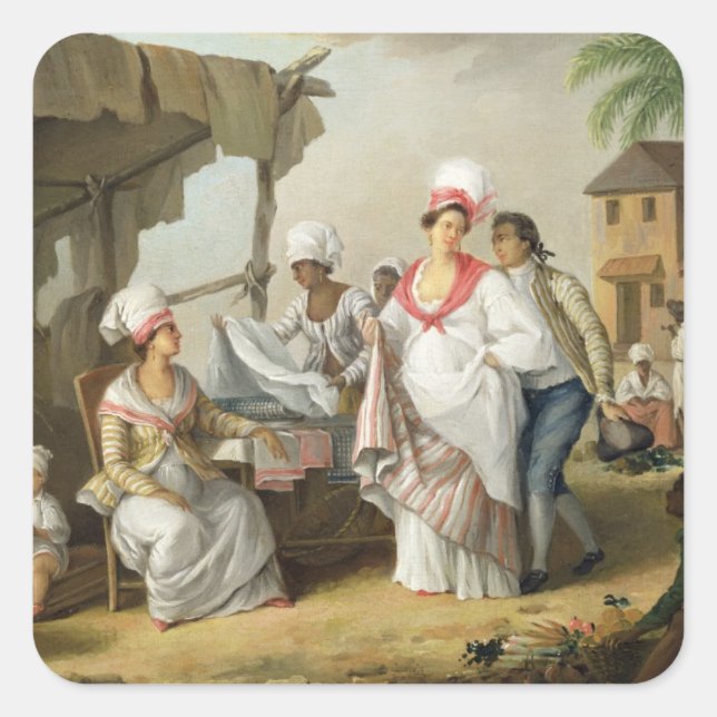 Pegatina Cuadrada Mercado Linen, Roseau, Dominica, c.1780 (petróleo  (Anverso)