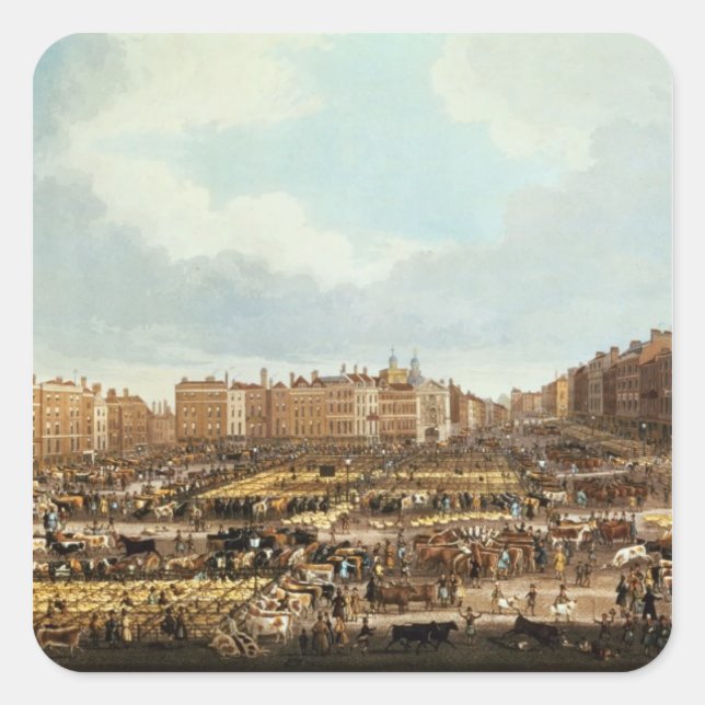Pegatina Cuadrada Mercado Smithfield, grabado por R.G. Reeve (Anverso)