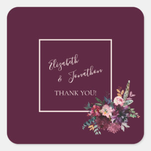 Pegatina Cuadrada Merlot Burgundy Floral Boda Gracias