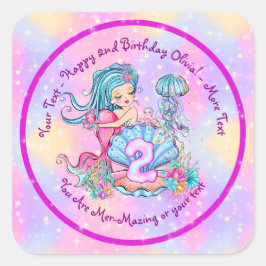 Pegatina Cuadrada Mermaid 2º cumpleaños Cambio Editar Texto Personal