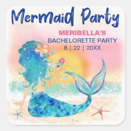 Pegatina Cuadrada Mermaid Coctail Tropical Beach Bachelorette