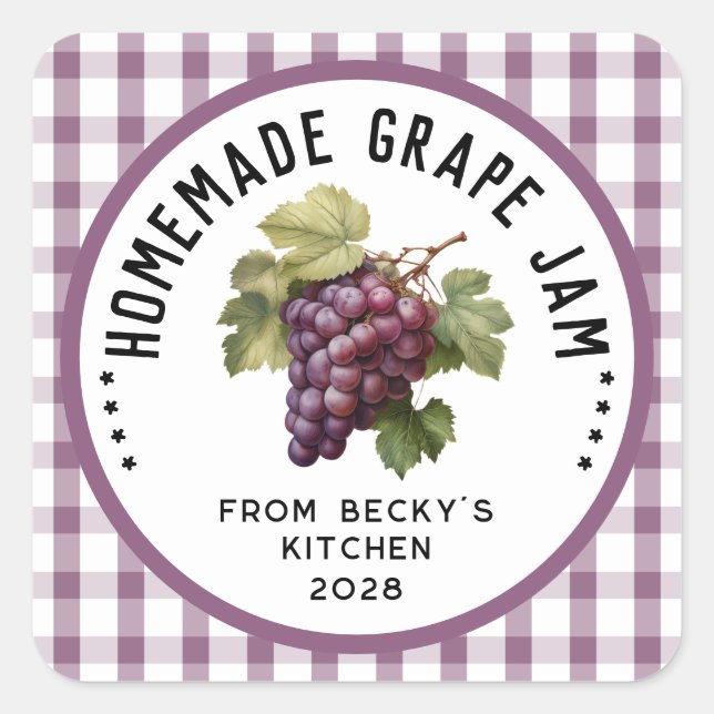 Pegatina Cuadrada Mermelada casera de uva con patrón de cuadros (Anverso)
