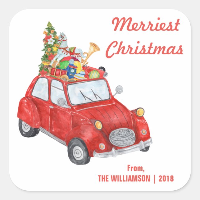 Pegatina Cuadrada Merriest Navidades Red Car Custom Name (Anverso)