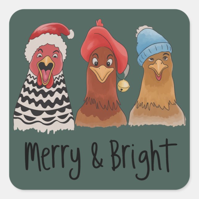 Pegatina Cuadrada Merry And Bright Chickens Christmas Farm Animal  (Anverso)