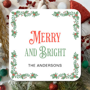 Pegatina Cuadrada Merry And Bright Modern Family Name Navidad