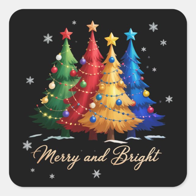 Pegatina Cuadrada Merry and Bright Trees Christmas Holiday Gift Cute (Anverso)