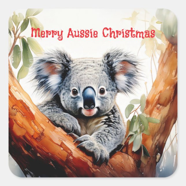 Pegatina Cuadrada Merry Aussie Navidades Koala (Anverso)