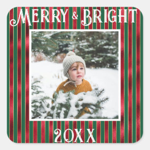 Pegatina Cuadrada Merry & Bright Photo Red Green Metallic