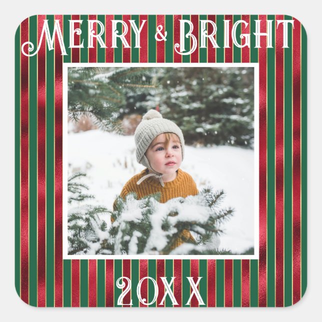 Pegatina Cuadrada Merry & Bright Photo Red Green Metallic (Anverso)