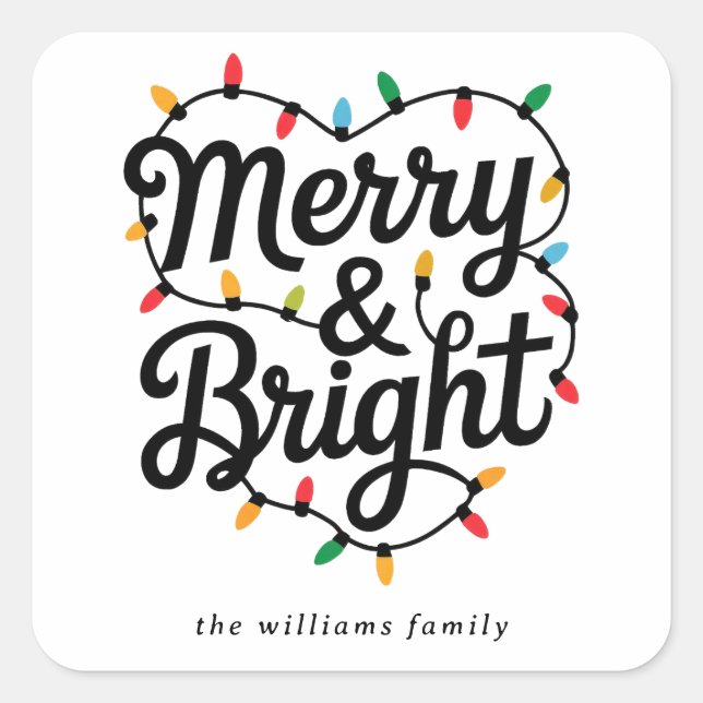Pegatina Cuadrada Merry & Bright Script Festive String Light Holiday (Anverso)